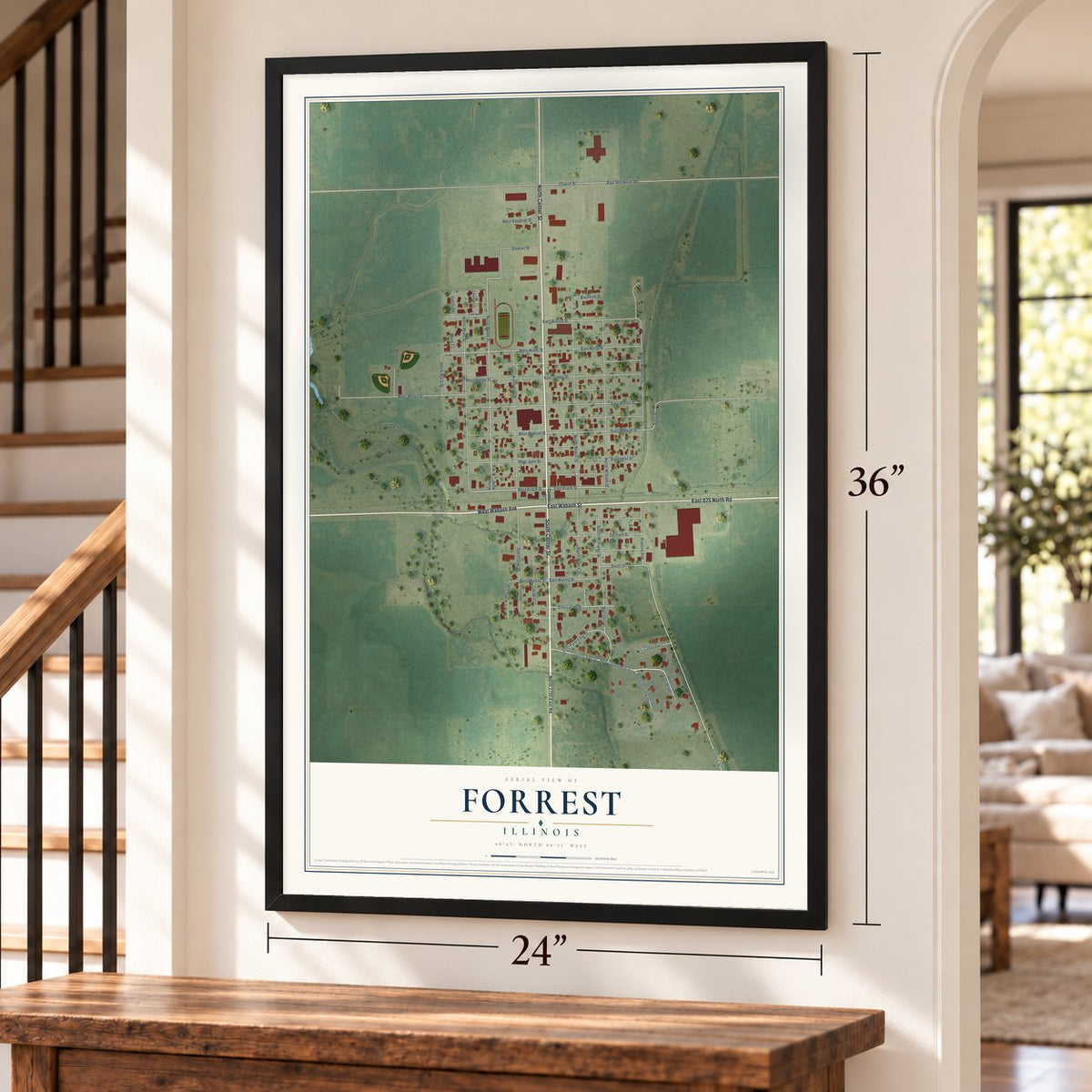 Forrest, Illinois map, 24 x 36 inch print in a black frame by a staircase