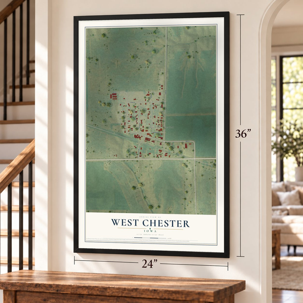 West Chester, Iowa map, 24 x 36 inch print in a black frame by a staircase