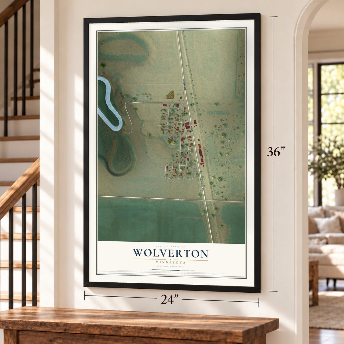 Wolverton, Minnesota map, 24 x 36 inch print in a black frame by a staircase