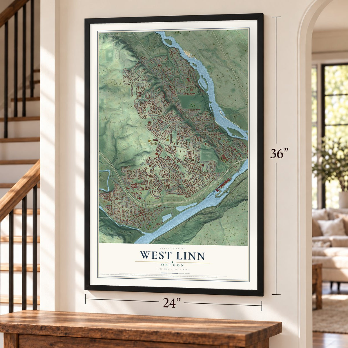 West Linn, Oregon map, 24 x 36 inch print in a black frame by a staircase