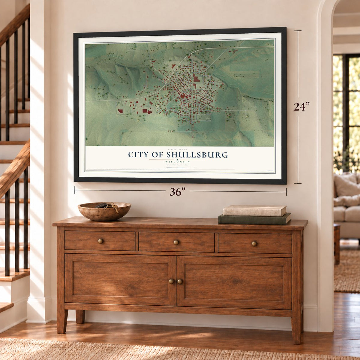 Shullsburg, Wisconsin map, 24 x 36 inch print in a black frame above a dresser by a staircase