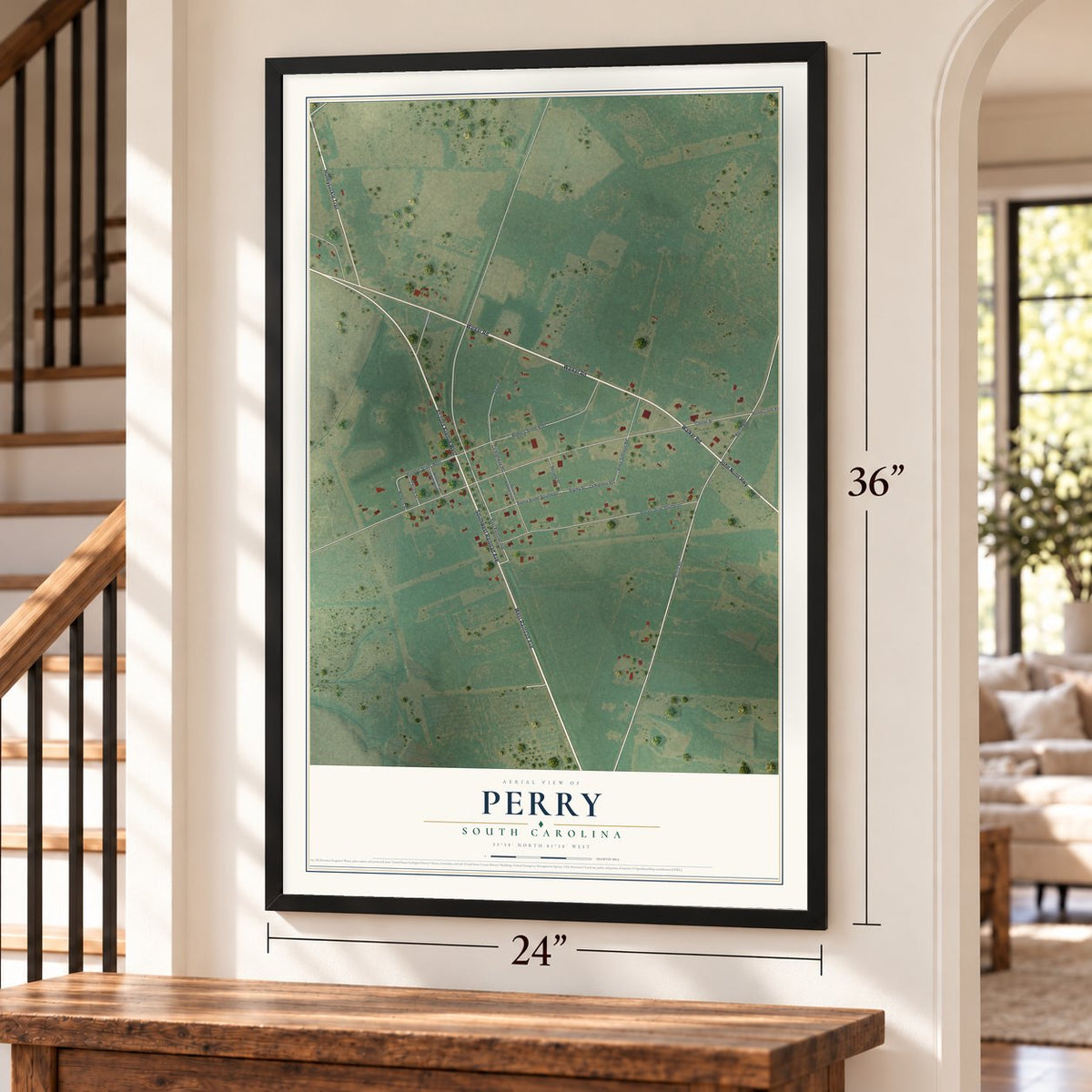 Perry, South Carolina map, 24 x 36 inch print in a black frame by a staircase
