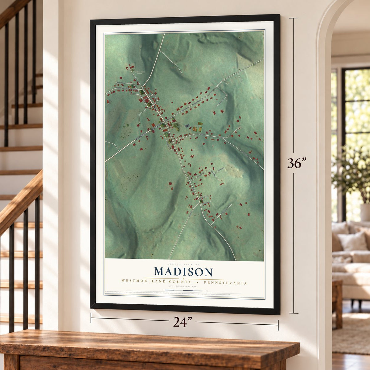 Madison, Westmoreland County, Pennsylvania map, 24 x 36 inch print in a black frame by a staircase