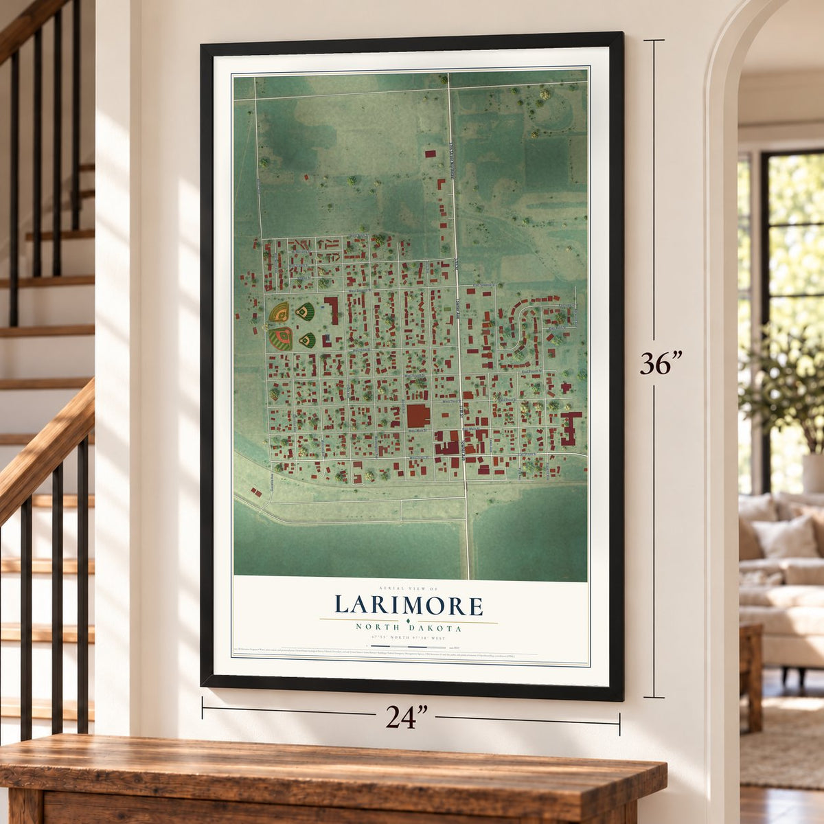 Larimore, North Dakota map, 24 x 36 inch print in a black frame by a staircase