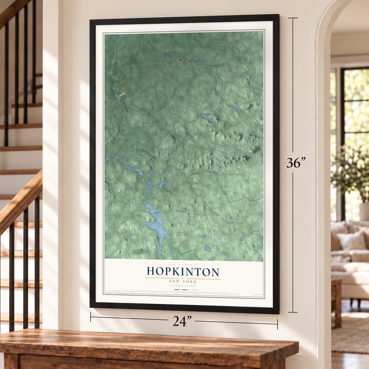 Hopkinton, New York map, 24 x 36 inch print in a black frame by a staircase