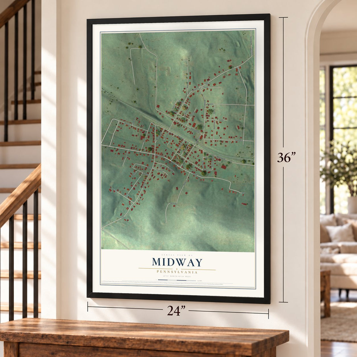Midway, Pennsylvania map, 24 x 36 inch print in a black frame by a staircase