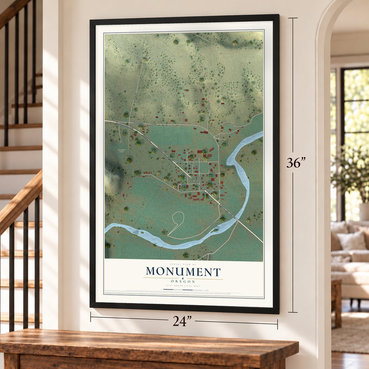 Monument, Oregon map, 24 x 36 inch print in a black frame by a staircase