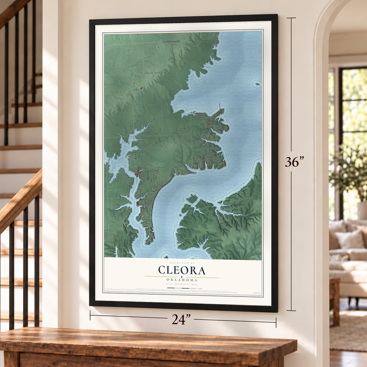 Cleora, Oklahoma map, 24 x 36 inch print in a black frame by a staircase