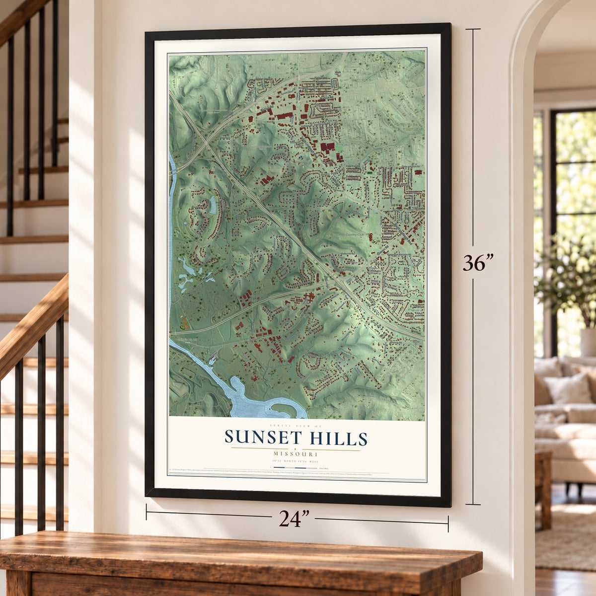 Sunset Hills, Missouri map, 24 x 36 inch print in a black frame by a staircase