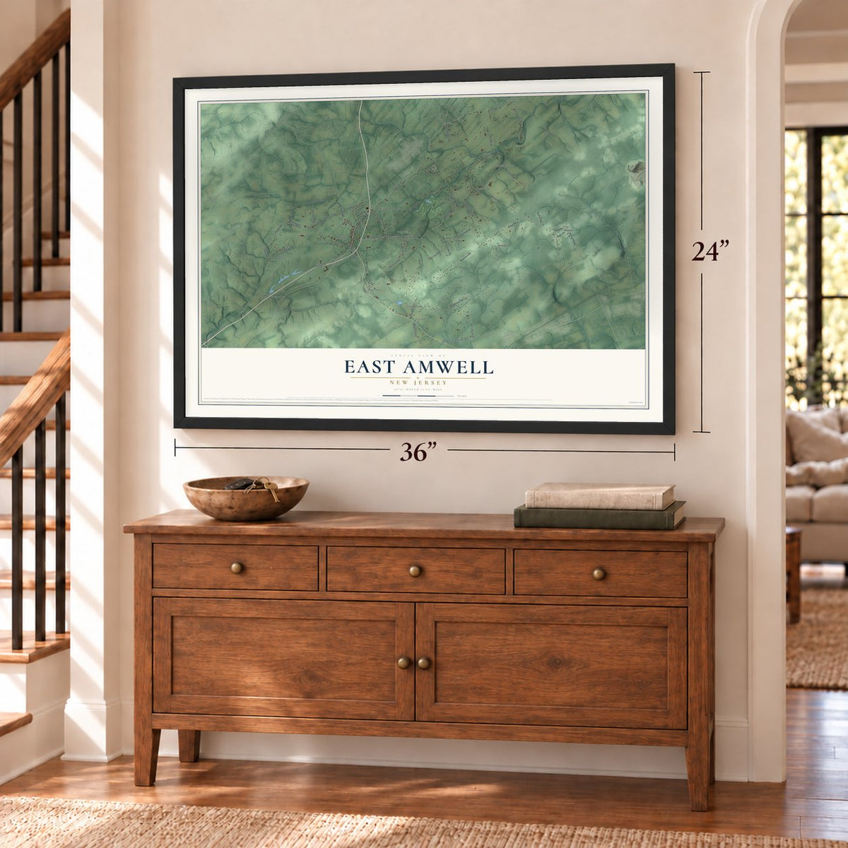 East Amwell, New Jersey map, 24 x 36 inch print in a black frame above a dresser by a staircase