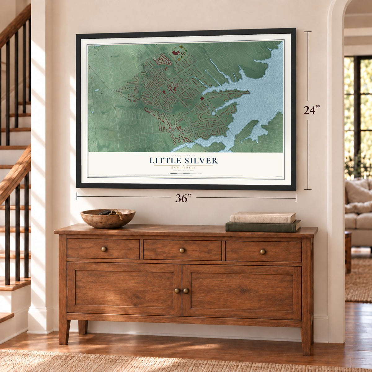 Little Silver, New Jersey map, 24 x 36 inch print in a black frame above a dresser by a staircase