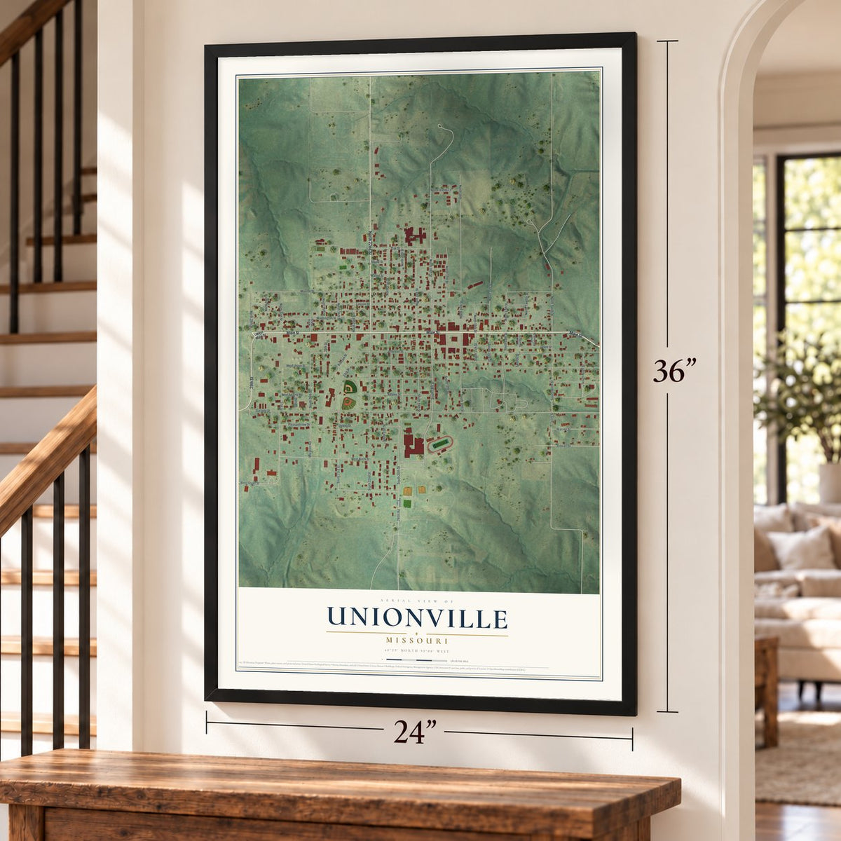 Unionville, Missouri map, 24 x 36 inch print in a black frame by a staircase