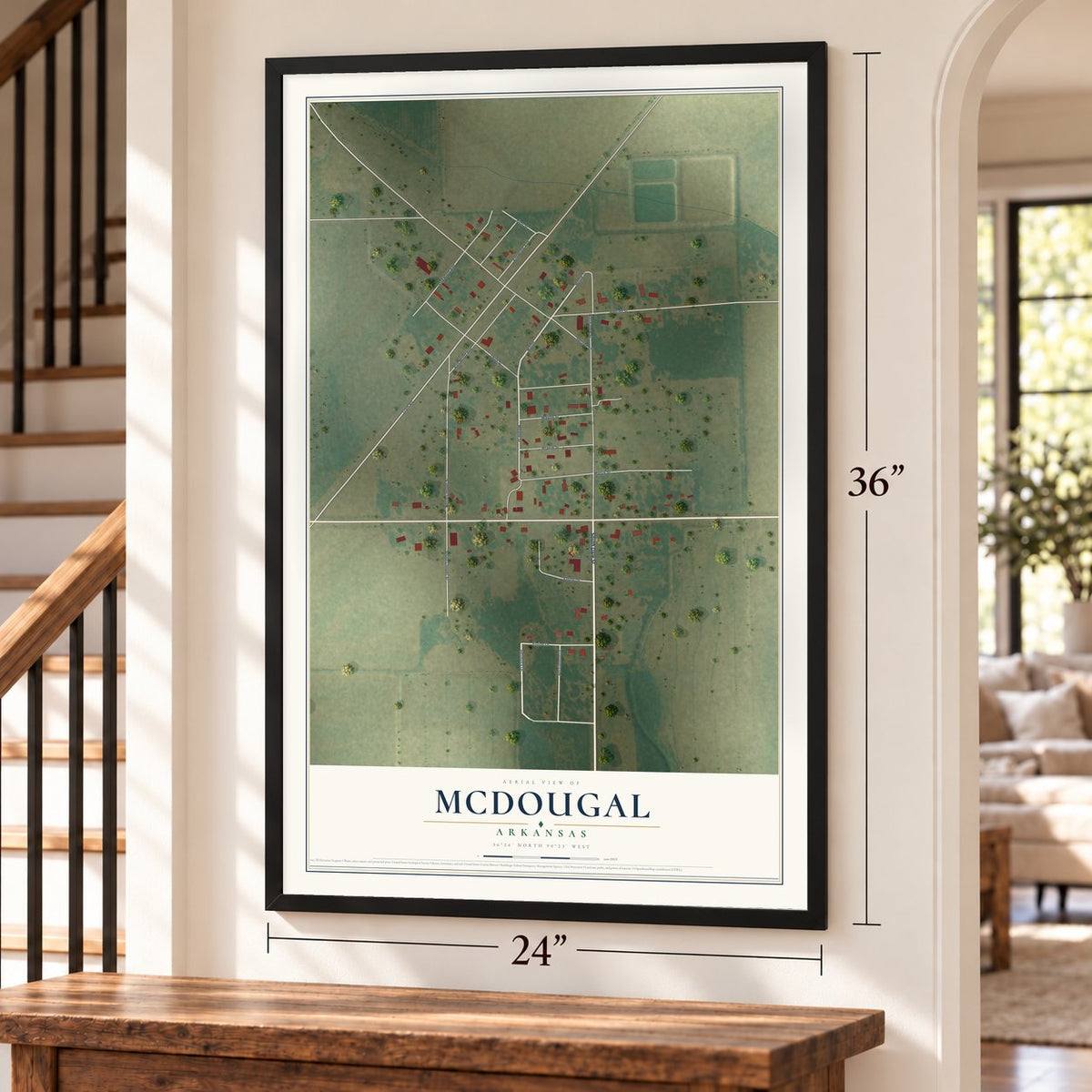 McDougal, Arkansas map, 24 x 36 inch print in a black frame by a staircase