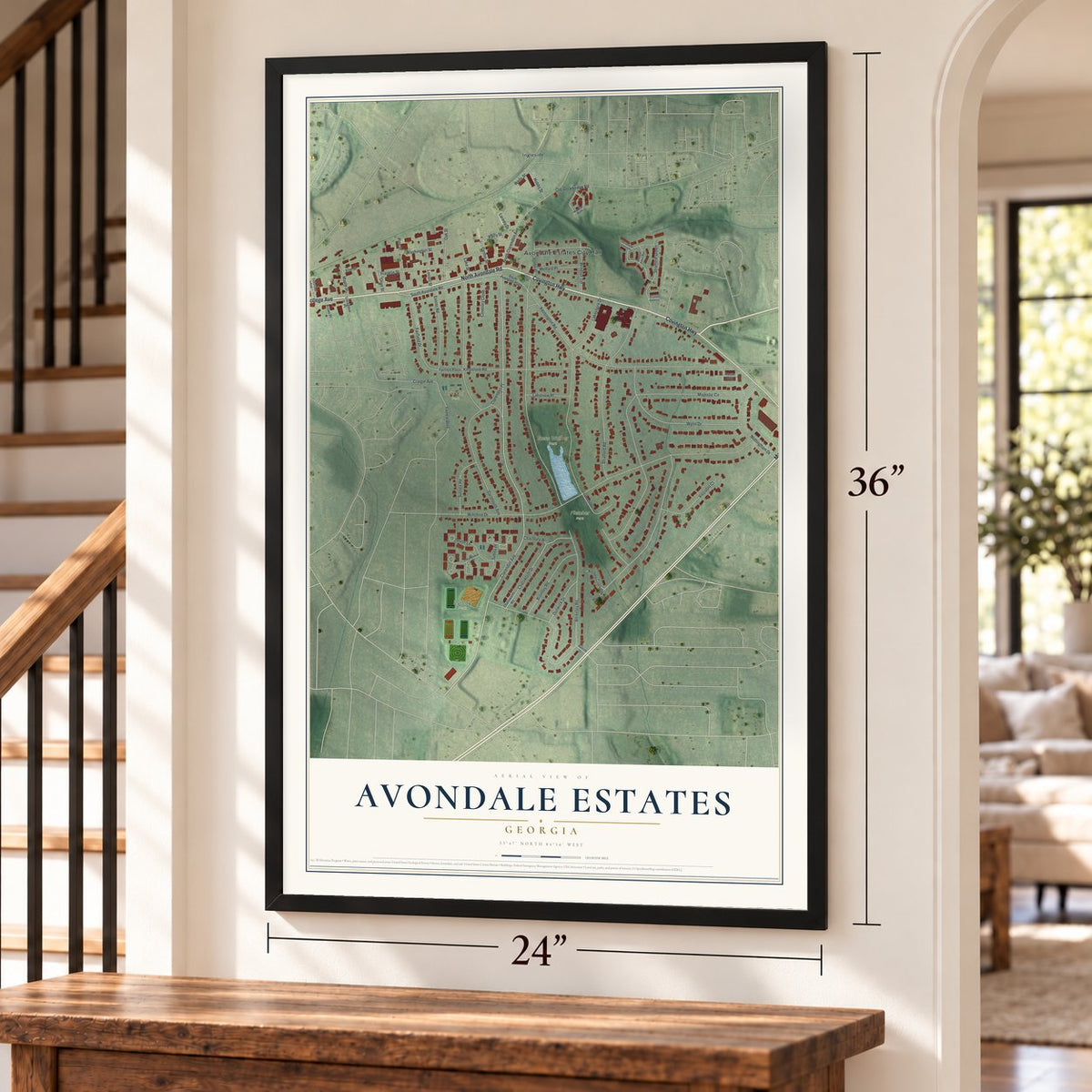 Avondale Estates, Georgia map, 24 x 36 inch print in a black frame by a staircase