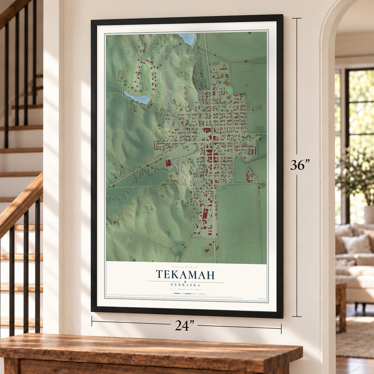Tekamah, Nebraska map, 24 x 36 inch print in a black frame by a staircase