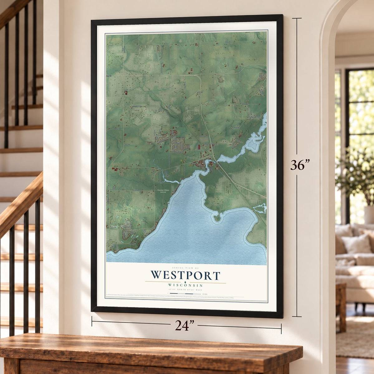 Westport, Wisconsin map, 24 x 36 inch print in a black frame by a staircase