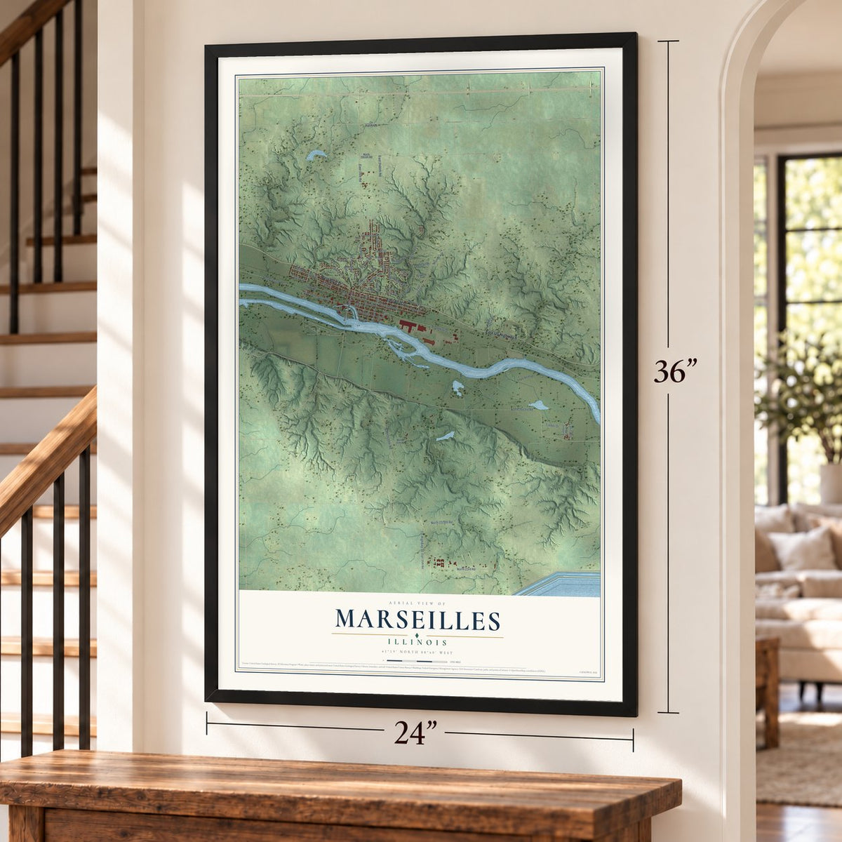 Marseilles, Illinois map, 24 x 36 inch print in a black frame by a staircase