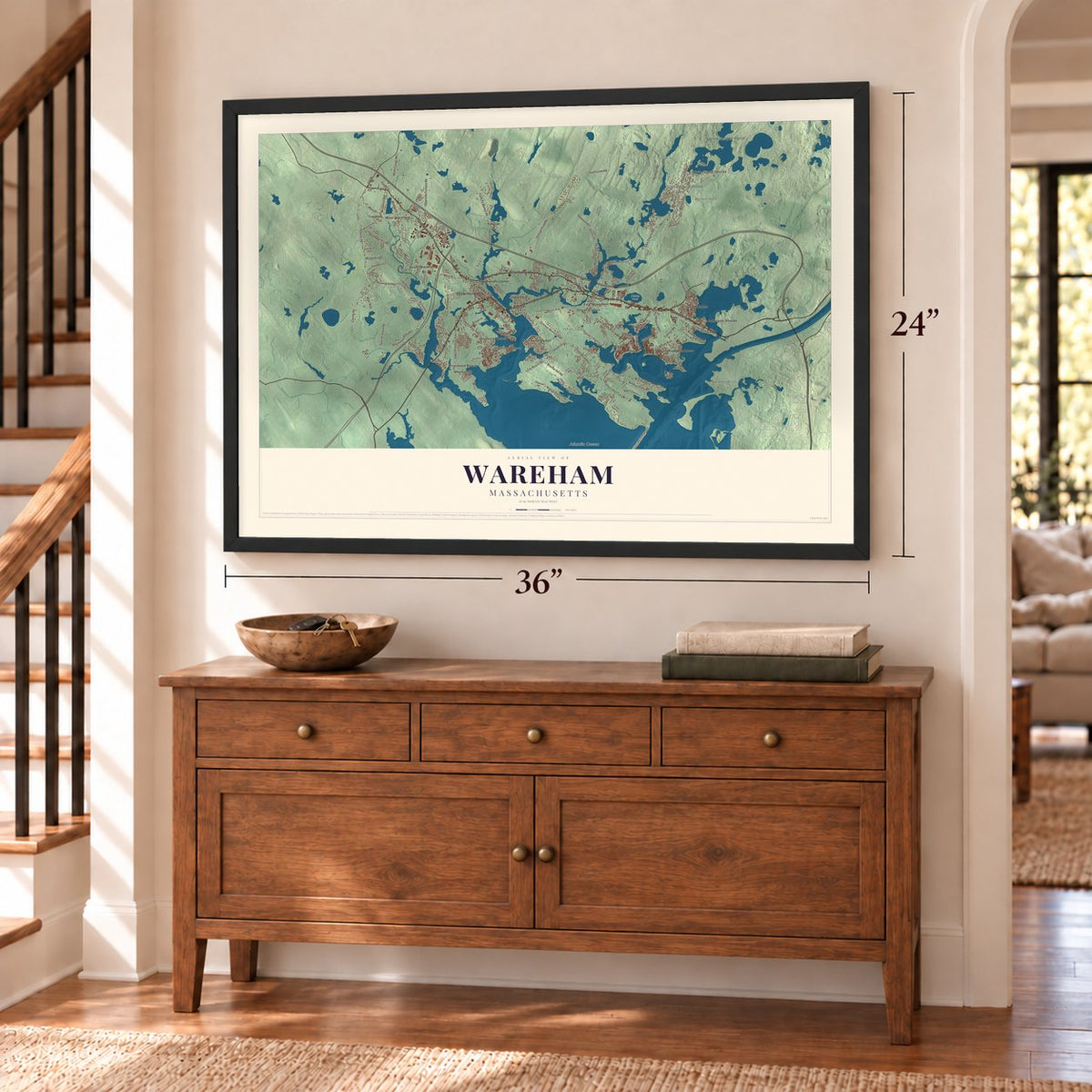 Wareham, Massachusetts map, 24 x 36 inch print in a black frame above a dresser by a staircase