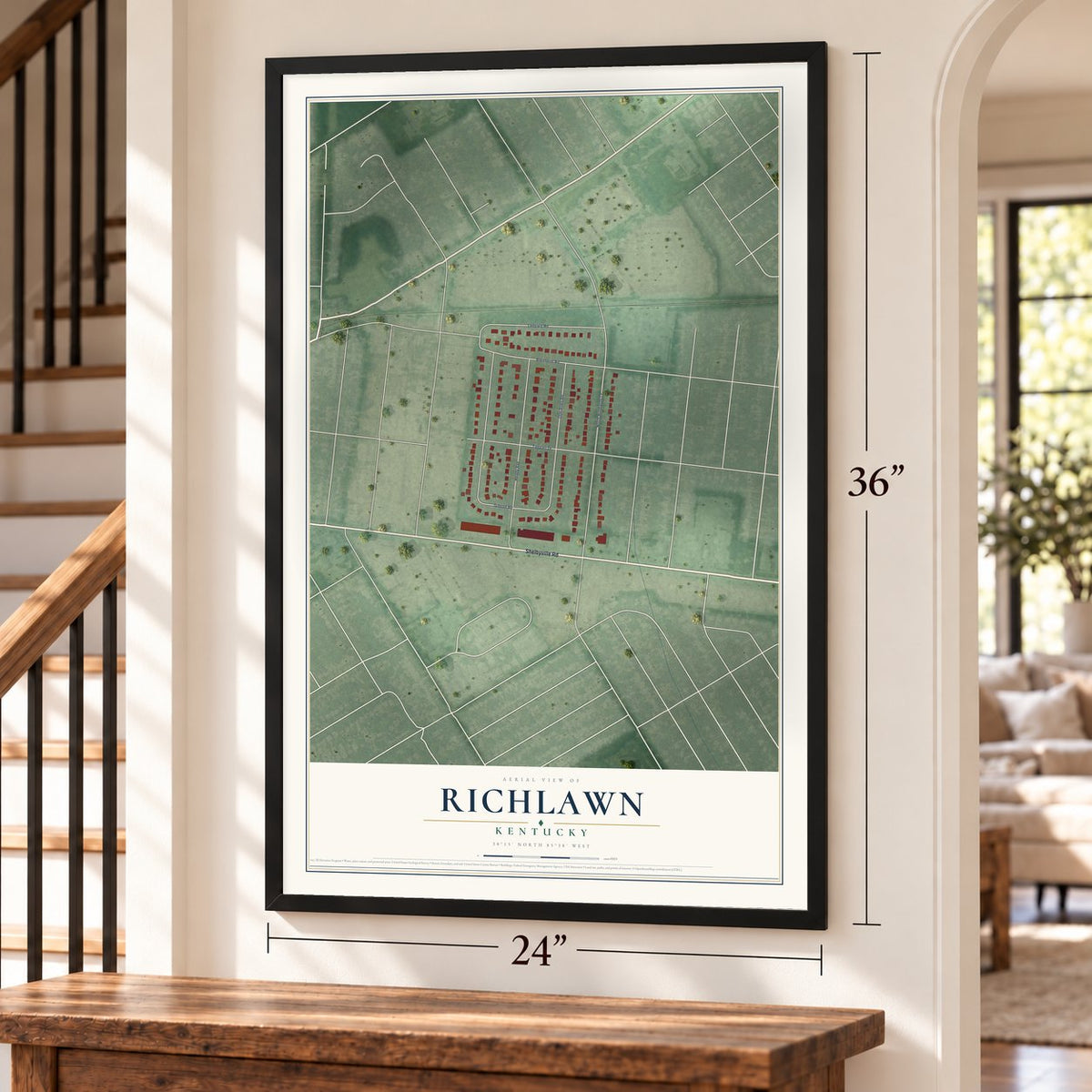 Richlawn, Kentucky map, 24 x 36 inch print in a black frame by a staircase