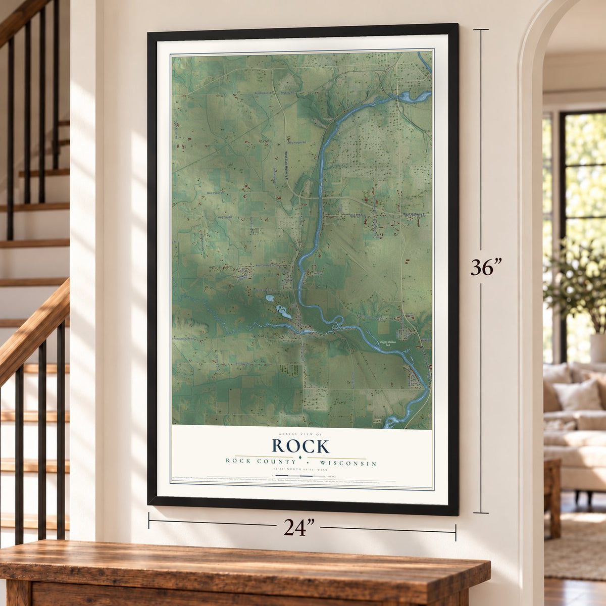 Rock, Rock County, Wisconsin map, 24 x 36 inch print in a black frame by a staircase