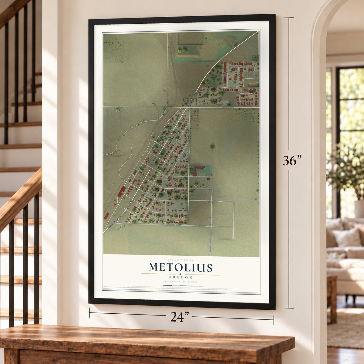 Metolius, Oregon map, 24 x 36 inch print in a black frame by a staircase