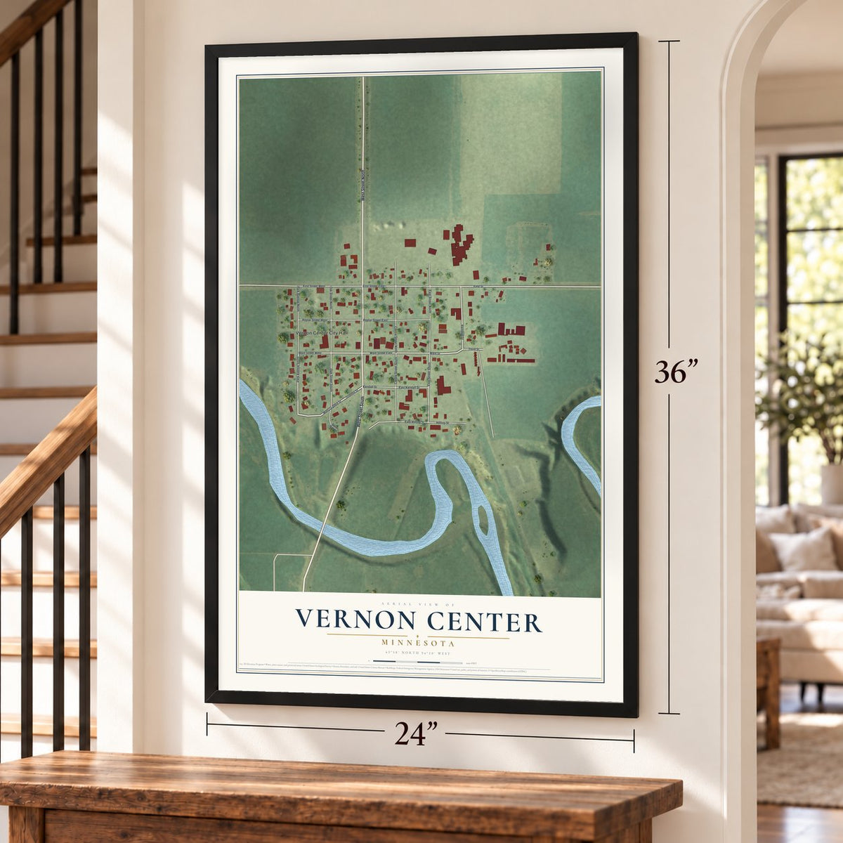 Vernon Center, Minnesota map, 24 x 36 inch print in a black frame by a staircase