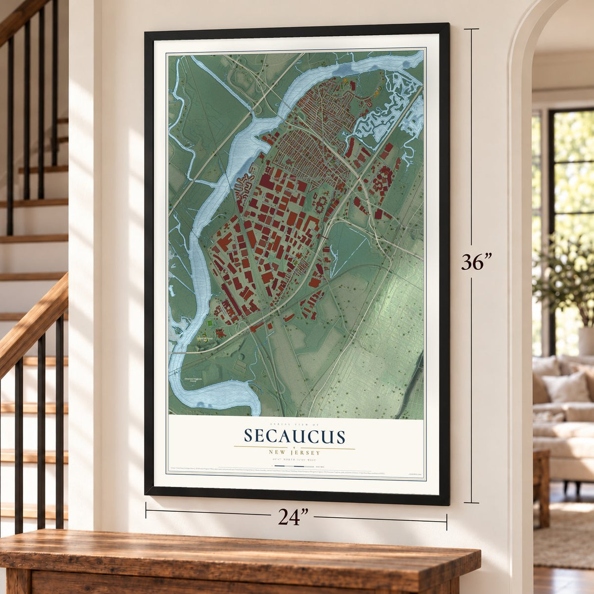 Secaucus, New Jersey map, 24 x 36 inch print in a black frame by a staircase