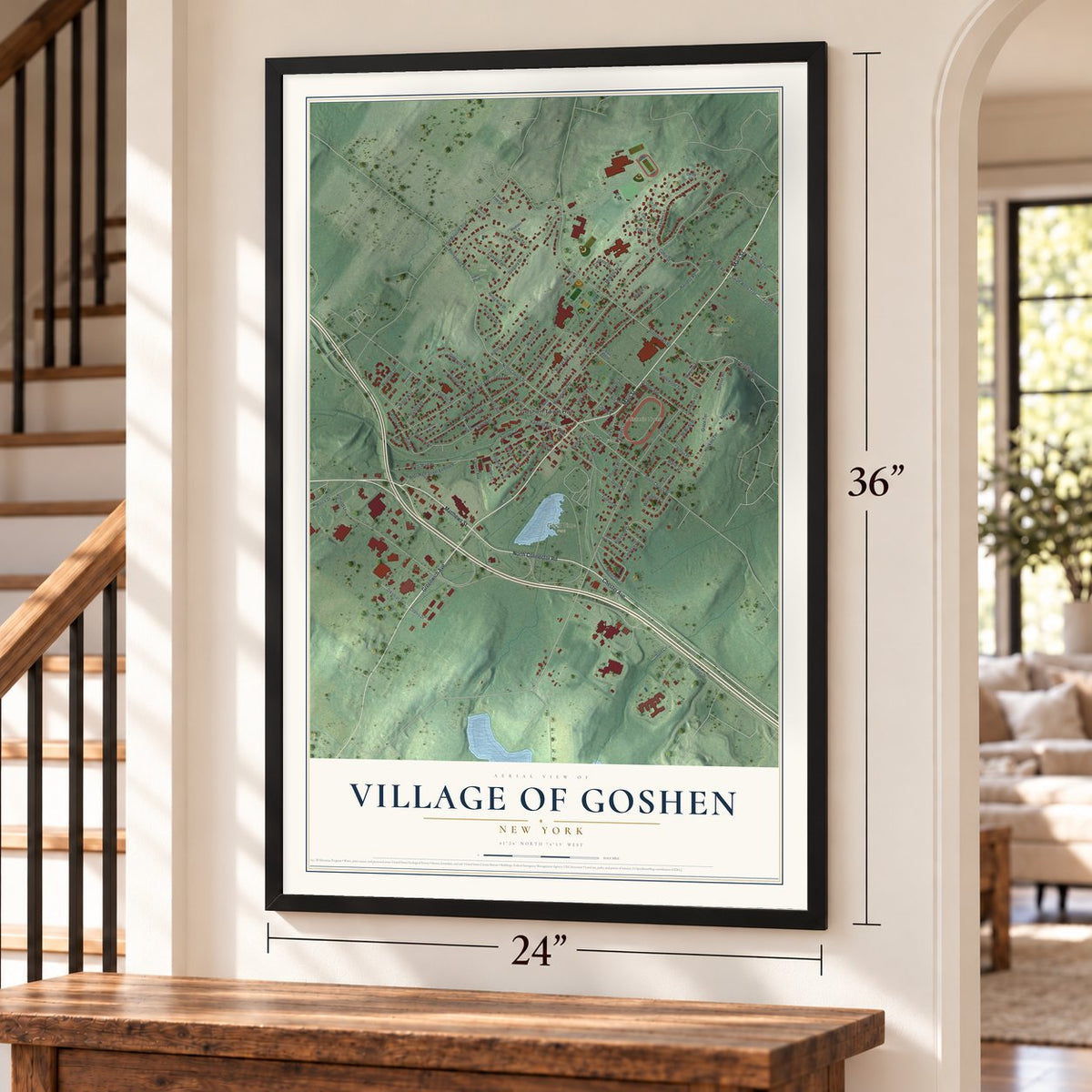 Village of Goshen, New York map, 24 x 36 inch print in a black frame by a staircase