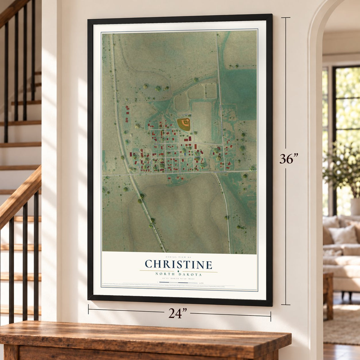 Christine, North Dakota map, 24 x 36 inch print in a black frame by a staircase