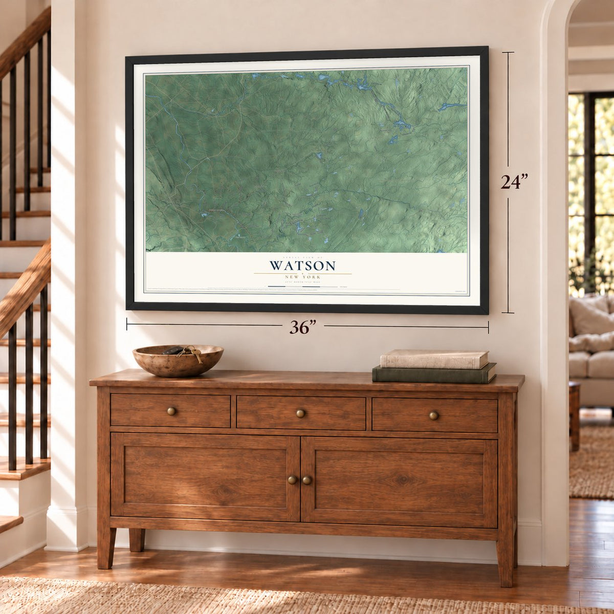 Watson, New York map, 24 x 36 inch print in a black frame above a dresser by a staircase