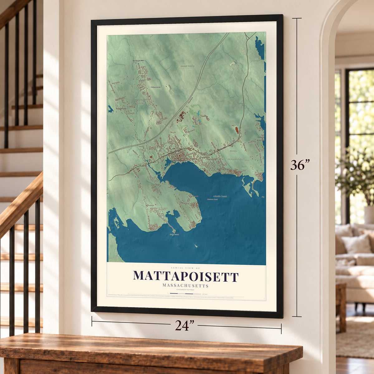 Mattapoisett, Massachusetts map, 24 x 36 inch print in a black frame by a staircase