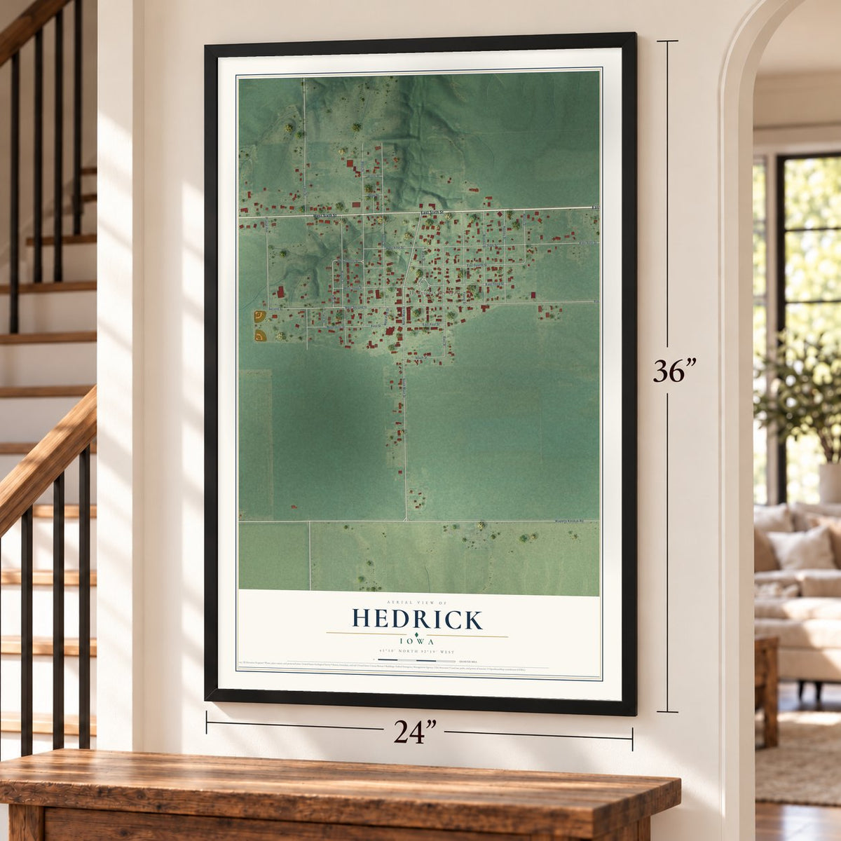 Hedrick, Iowa map, 24 x 36 inch print in a black frame by a staircase