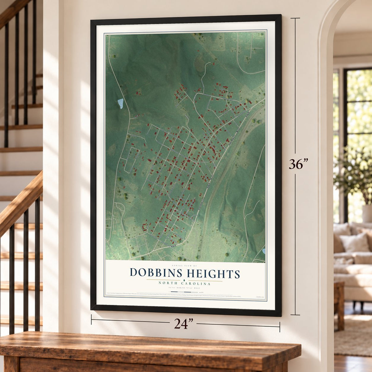 Dobbins Heights, North Carolina map, 24 x 36 inch print in a black frame by a staircase