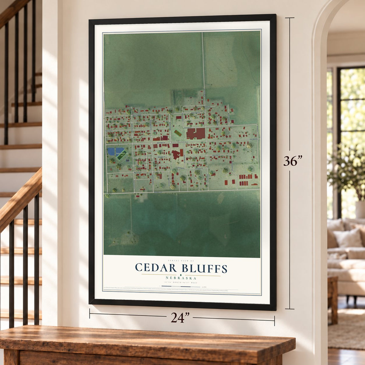 Cedar Bluffs, Nebraska map, 24 x 36 inch print in a black frame by a staircase