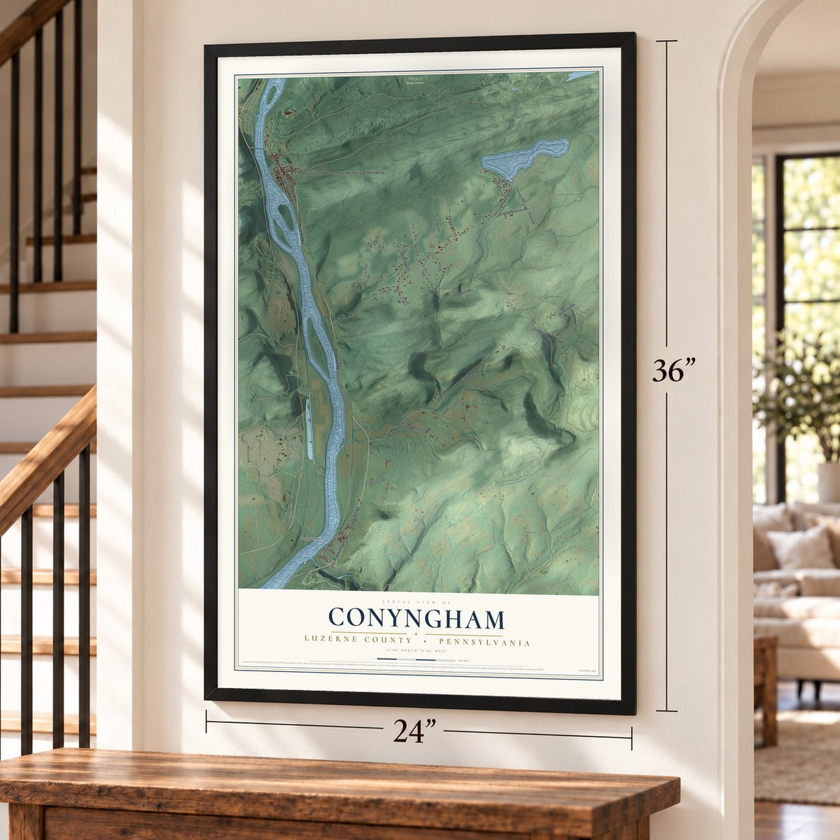 Conyngham, Luzerne County, Pennsylvania map, 24 x 36 inch print in a black frame by a staircase