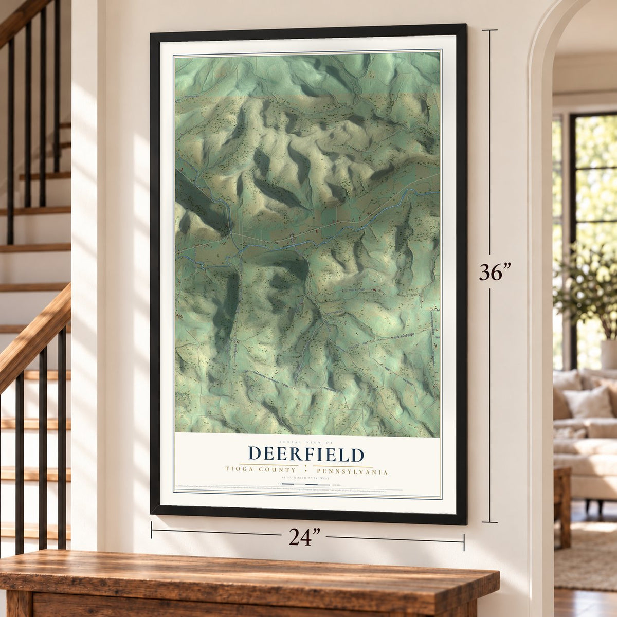 Deerfield, Tioga County, Pennsylvania map, 24 x 36 inch print in a black frame by a staircase