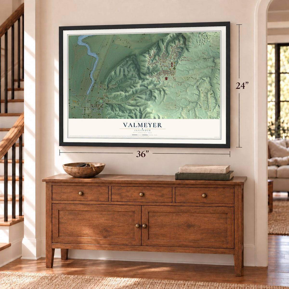 Valmeyer, Illinois map, 24 x 36 inch print in a black frame above a dresser by a staircase