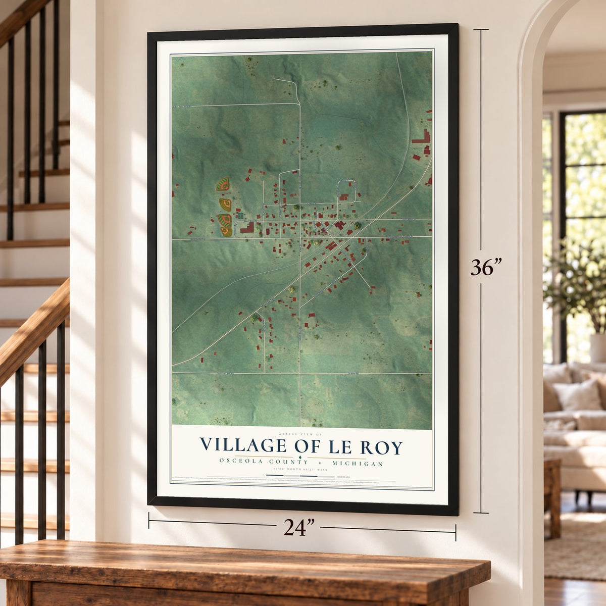 Le Roy, Michigan map, 24 x 36 inch print in a black frame by a staircase