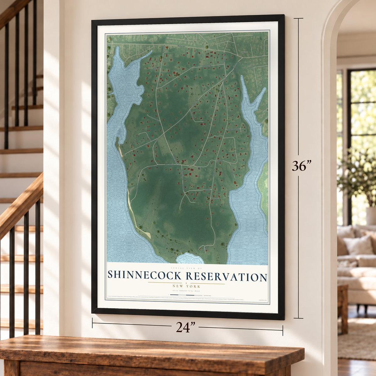 Shinnecock Reservation, New York map, 24 x 36 inch print in a black frame by a staircase