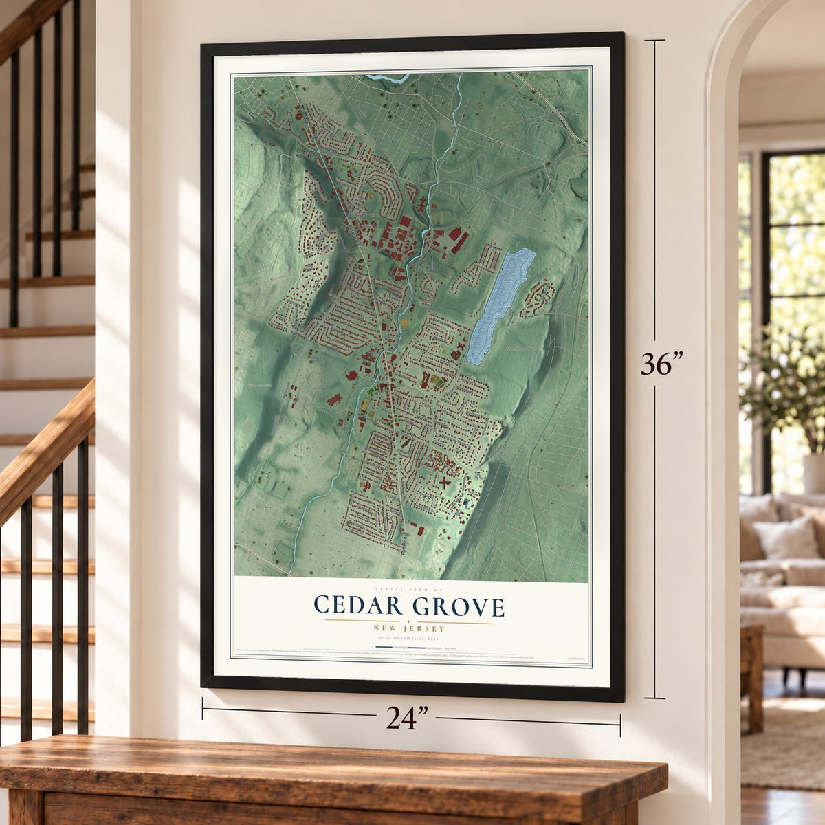 Cedar Grove, New Jersey map, 24 x 36 inch print in a black frame by a staircase