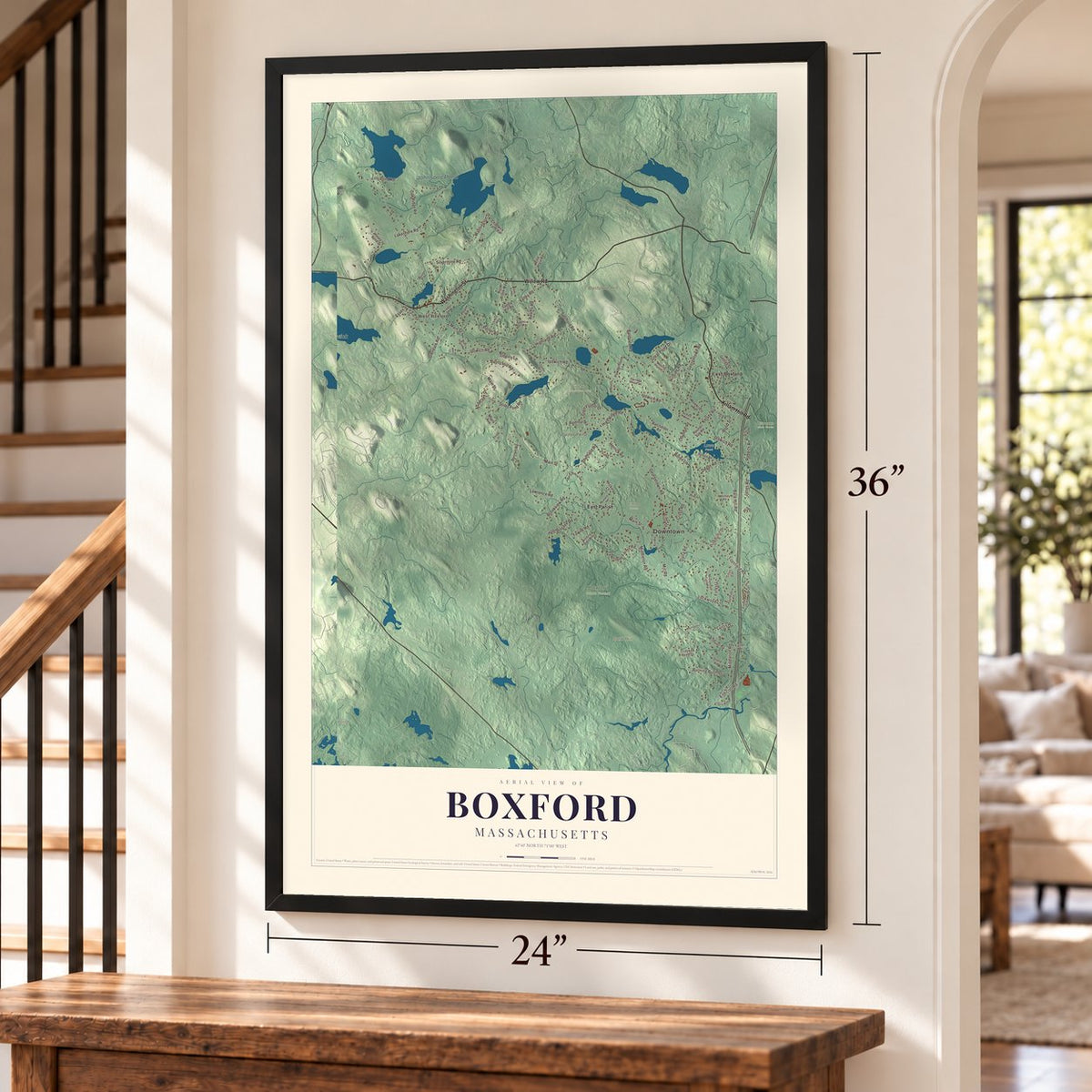 Boxford, Massachusetts map, 24 x 36 inch print in a black frame by a staircase