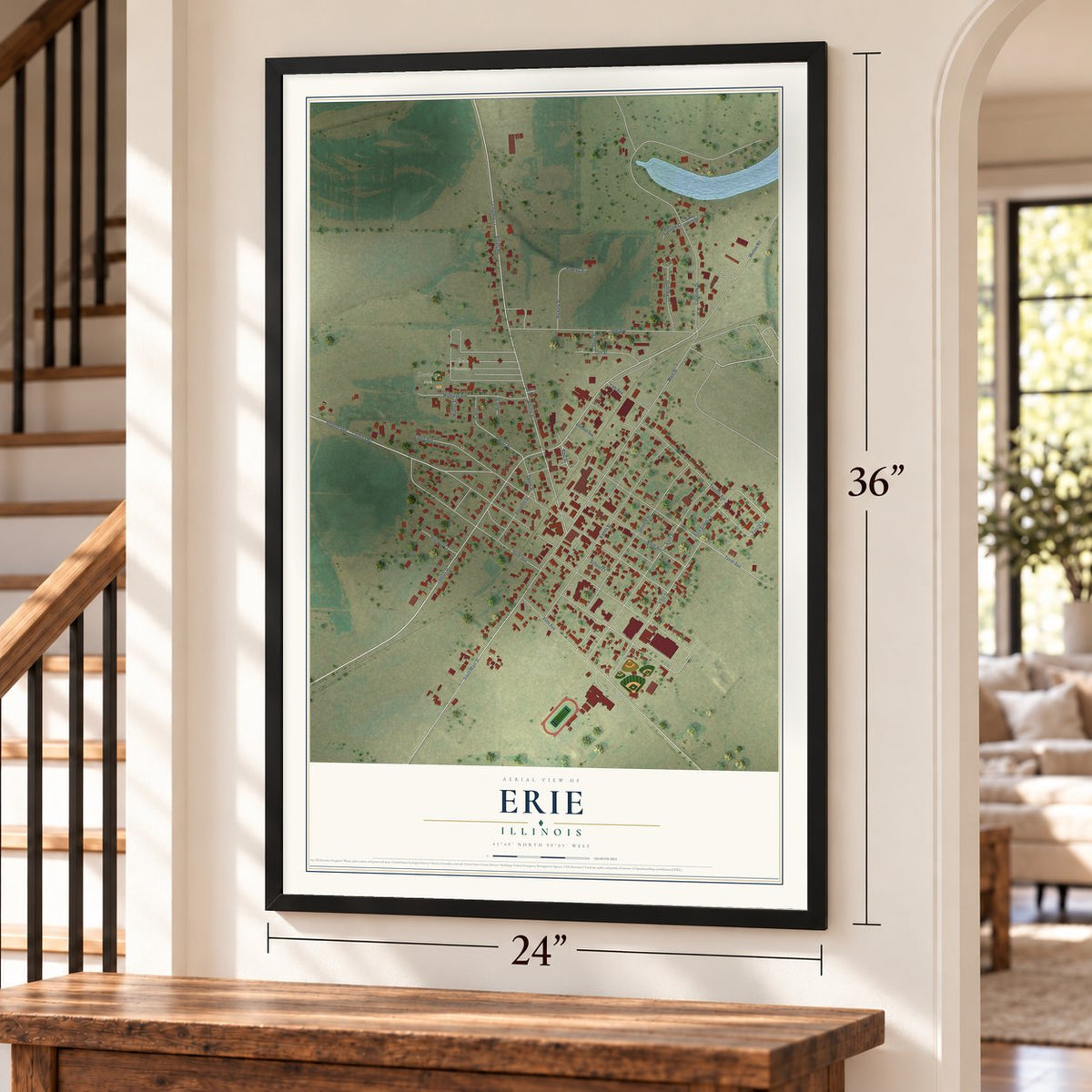 Erie, Illinois map, 24 x 36 inch print in a black frame by a staircase