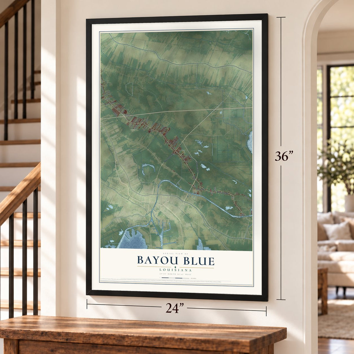 Bayou Blue, Louisiana map, 24 x 36 inch print in a black frame by a staircase