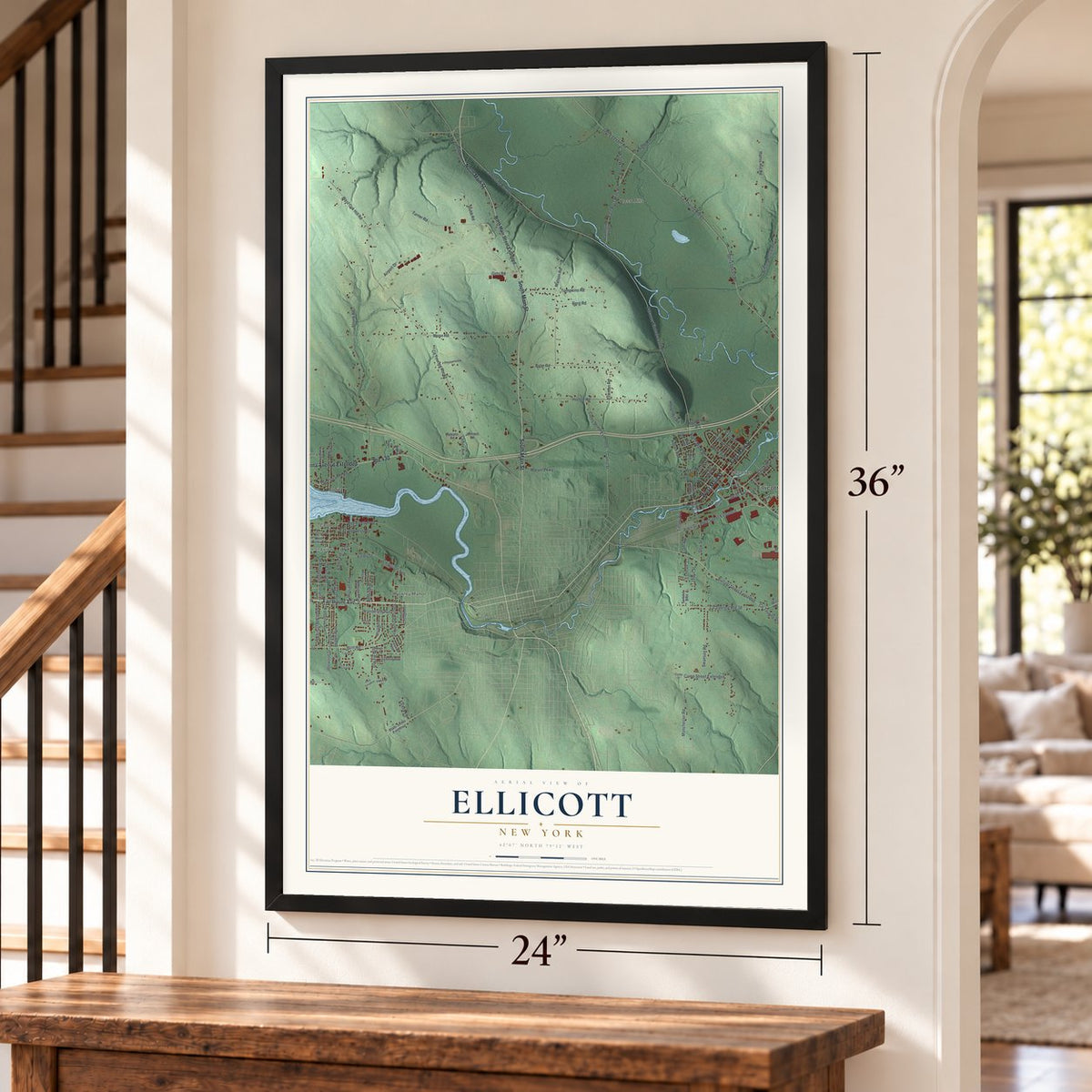 Ellicott, New York map, 24 x 36 inch print in a black frame by a staircase