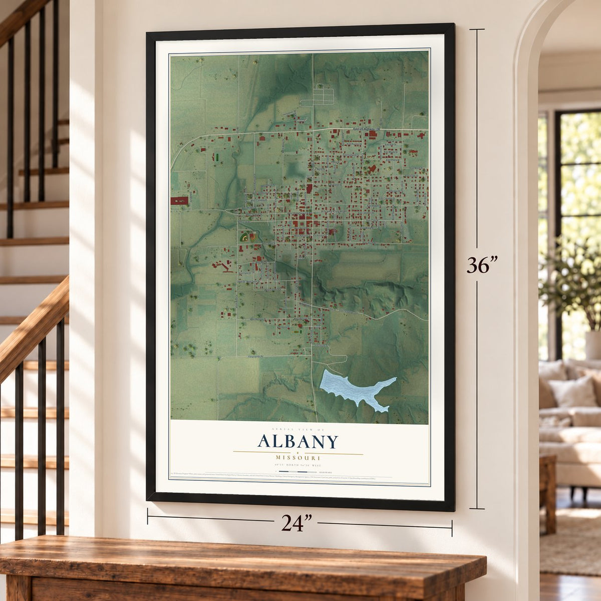 Albany, Missouri map, 24 x 36 inch print in a black frame by a staircase