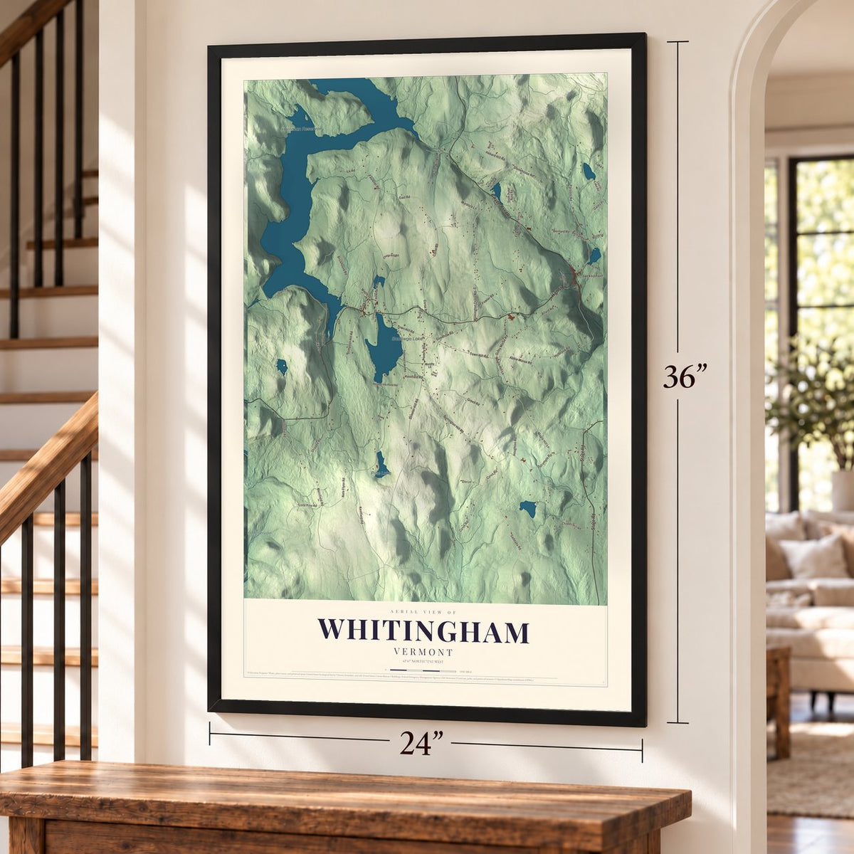 Whitingham, Vermont map, 24 x 36 inch print in a black frame by a staircase