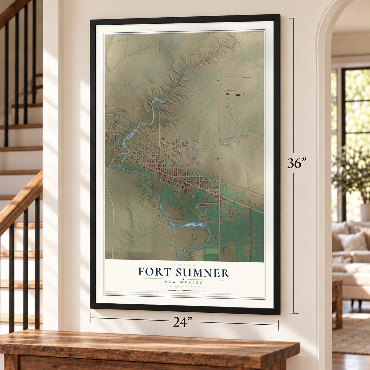 Fort Sumner, New Mexico map, 24 x 36 inch print in a black frame by a staircase