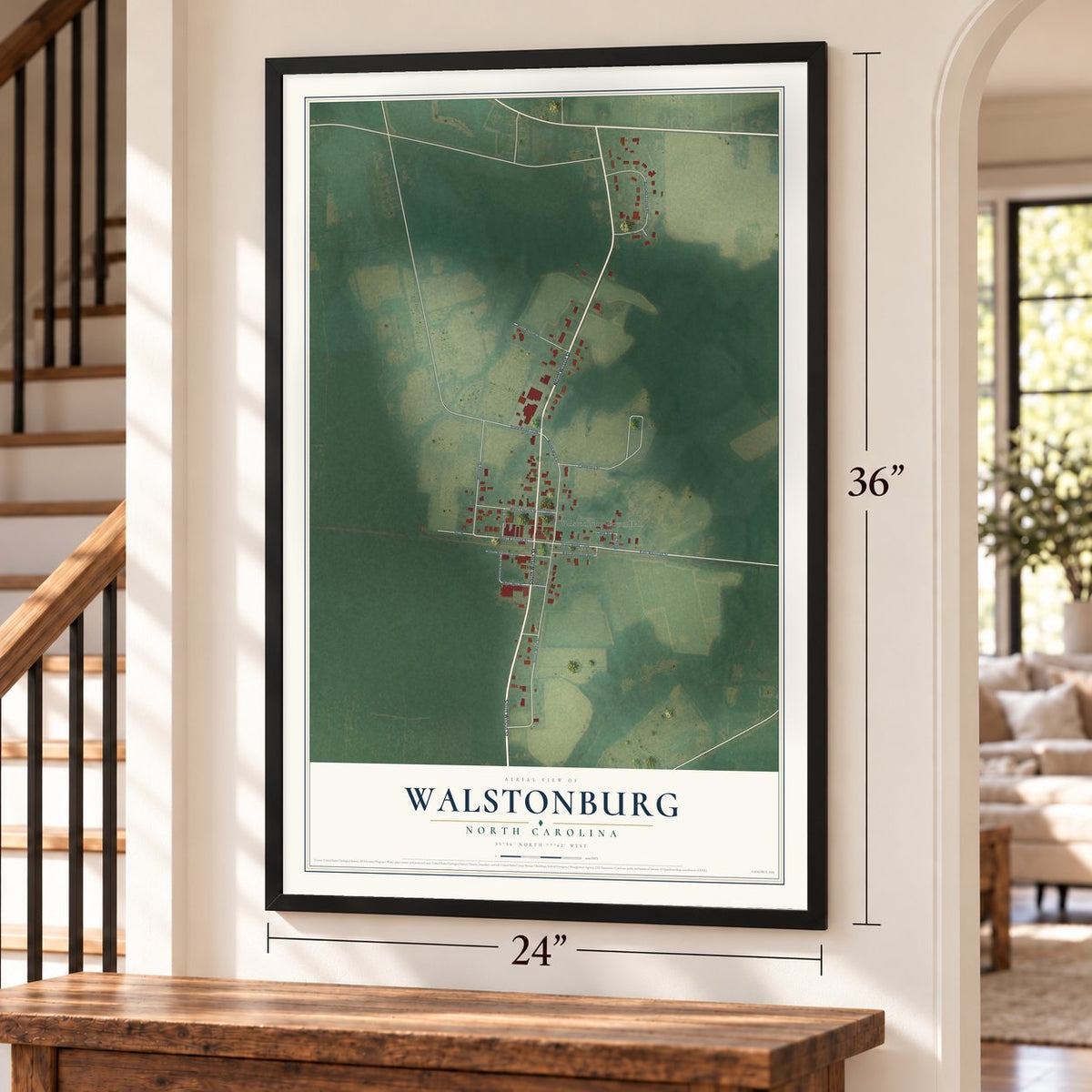 Walstonburg, North Carolina map, 24 x 36 inch print in a black frame by a staircase
