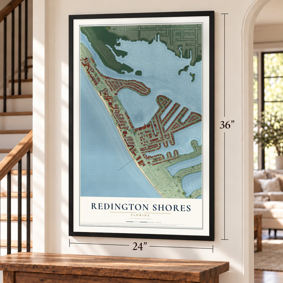 Redington Shores, Florida map, 24 x 36 inch print in a black frame by a staircase