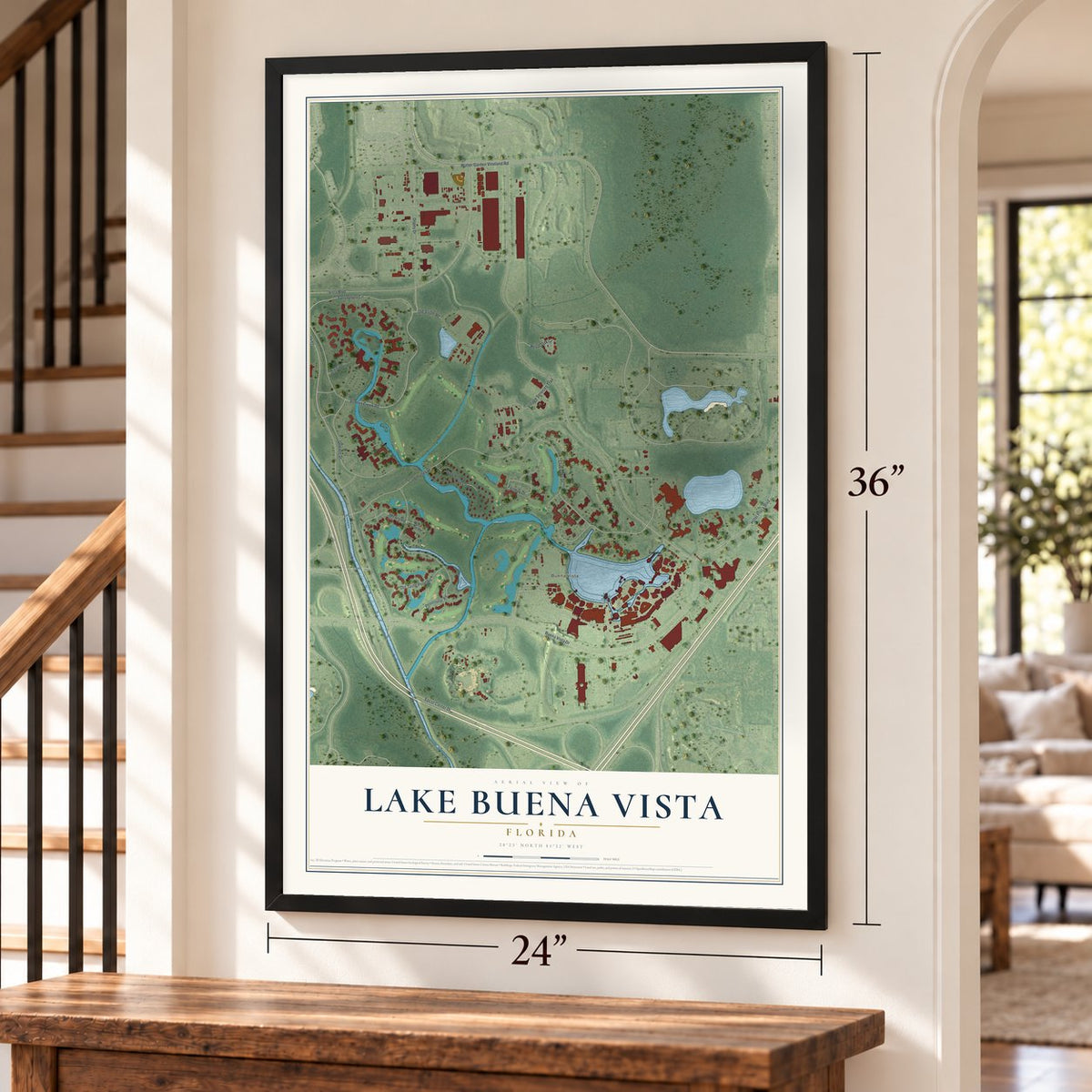 Lake Buena Vista, Florida map, 24 x 36 inch print in a black frame by a staircase